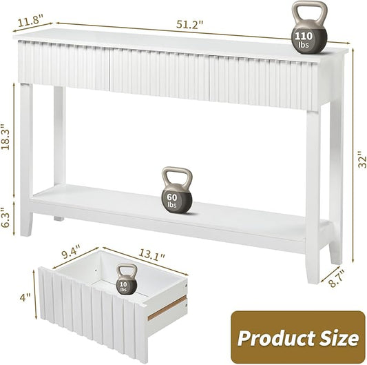 Karl home 51" White Console Table with 3 Fluted Drawers, Modern Sofa Table with Open Storage Shelf for Living Room, Foyer Hallway