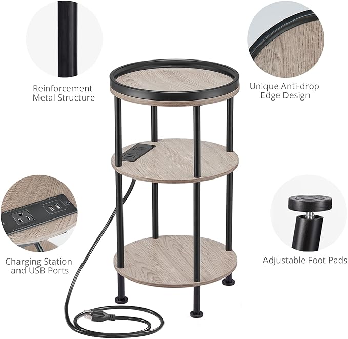 Small Round Side Table with Charging Station for Small Spaces, 3-Tier Accent Table with USB Ports & Power Outlets, Corner Tea Table Sofa Table for Living Room Nightstand Bedroom Apartment(USB,Oak)