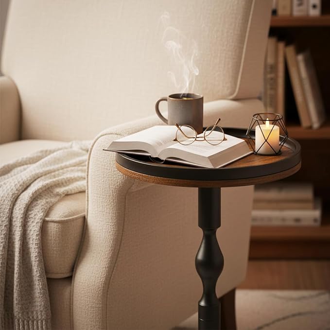 Small Round Drink Table,Pedestal Tables,Small Round Side Table for Narrow Spaces,End Table for Living Room, Bedroom, Bathroom,Balcony (Rustic Brown)