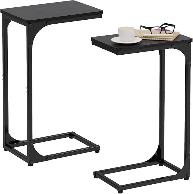 Narrow C Shaped End Tables Living Room TV Trays Set of 2, Small Thin Modern Side Table Skinny Slide Under Couch Tray Tables for Sofa Bedroom Small Space, Black