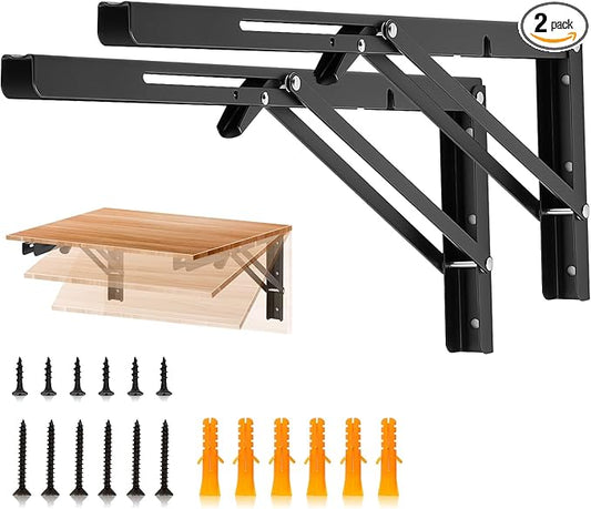 JOY DECOR 18 Inch Heavy Duty Folding Shelf Brackets, 2 Pack (1 Pair) Collapsible Wall Mounted Brackets for Fold Down Table, Stainless Steel Folding Table Hinge, Matte Black