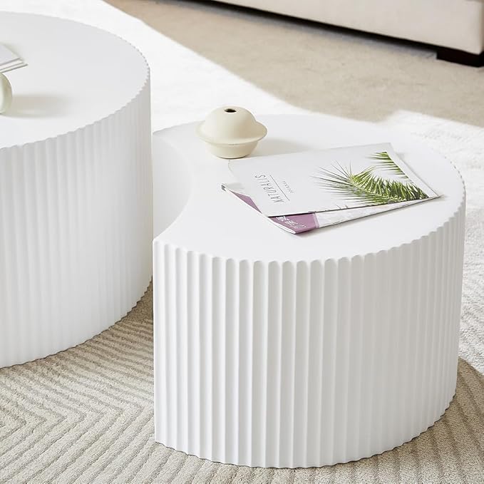 WILLIAMSPACE Nesting Coffee Table Set of 2, Round & Crescent Moon Wooden Coffee Tables, Modern Luxury Accent End Tea Table for Living Room Apartment (White-Round)