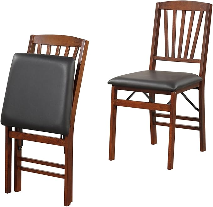 Folding Chairs Set 2, Wooden Foldable No Assembly Chair-Set with Padded Seats, Solid Wood Frame, 400 lbs Weight Capacity, Space Saving Dining Chairs for Small Space, Guests Kitchen (2, Slatted Back)