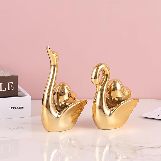 Loving Swan Figurine with Gold Heart Statue, Ceramic Animal Regalos Para Parejas, Cute Figurines Pottery Gifts for Anniversary, Couple Swan Sculpture for Women Dresser Knick Knacks Shelves Show Pieces