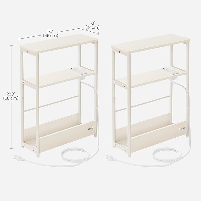 VASAGLE Side Tables with Charging Station, Set of 2 Narrow End Tables, 3-Tier Nightstands, Sofa Tables for Small Spaces, for Living Room, Bedroom, Study, Cream White ULCT664W01