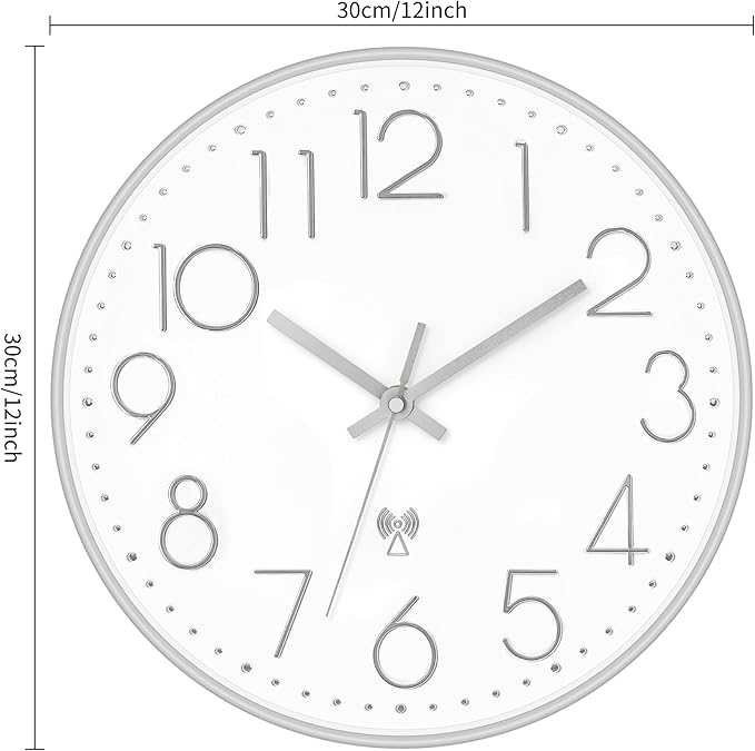 Foxtop Atomic Wall Clock Battery Operated Round Analog Modern Wall Clock Sets Automatically for Office Classroom Bedroom Kitchen Living Room (Silver)
