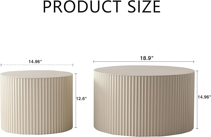 KEVINSPACE Nesting Coffee Table Set of 2 Circle CoffeeTable Modern NestingTables for Living Room Round Fluted Wooden CoffeeTabl No Need Assembly for Bedroom Balcony Lounge 33.86" Beige