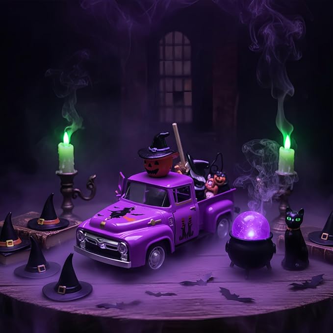 Witch Halloween Decor Indoor Vintage Metal Truck with Mini Witches Pumpkin Cauldron Ghost Figures Purple Hocus Pocus Tiered Tray Decor Halloween Witch Table Decorations for Home Kitchen Mantel Shelf