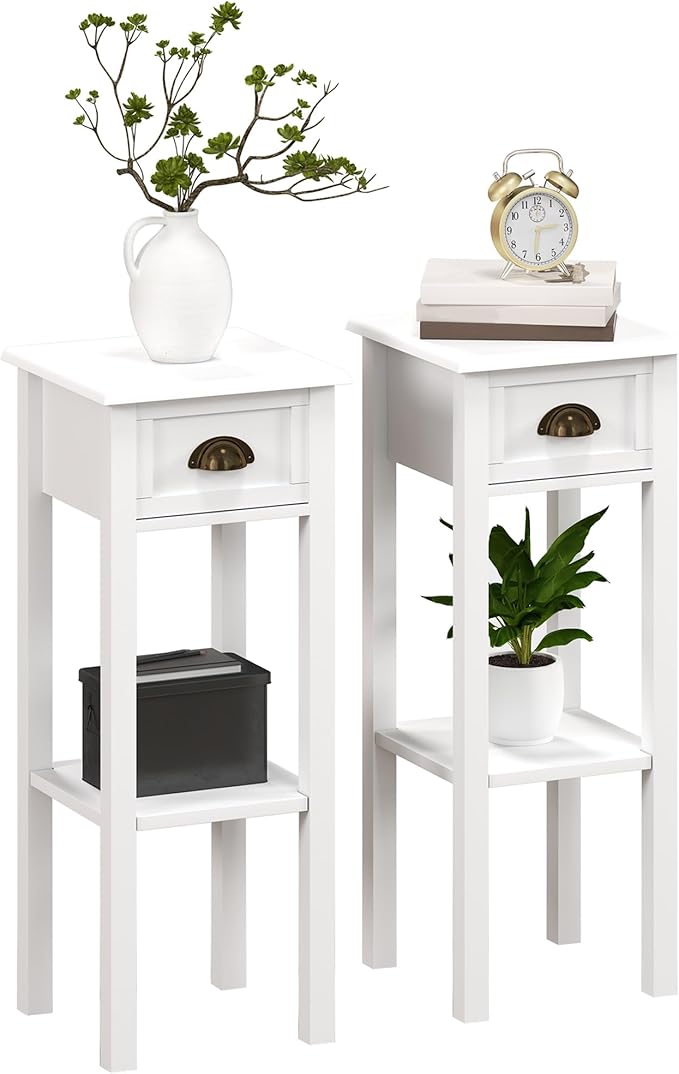 HOMCOM 2-Tier Side Table with Drawer, Narrow End Table with Bottom Shelf, for Living Room, Set of 2, White