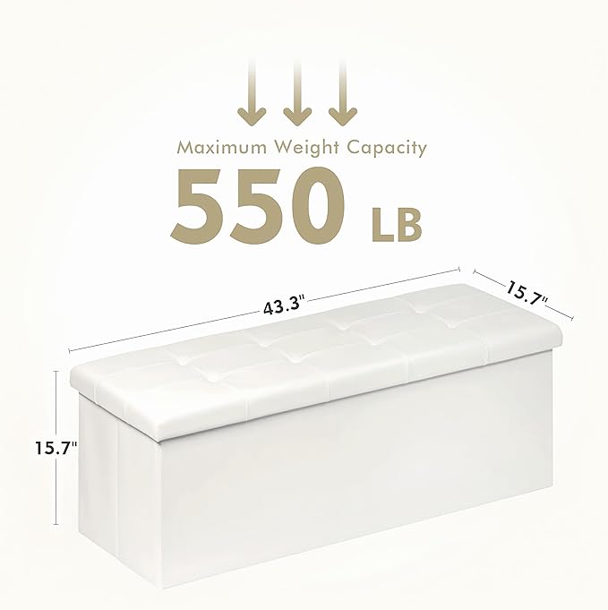 PINPLUS Folding Storage Ottoman Bench with Tray, 43.3inches Faux Leather Long Storage Chest Footrest Seat, Coffee Table, Foot of Bed Storage Bench for Living Room Bedroom, Beige