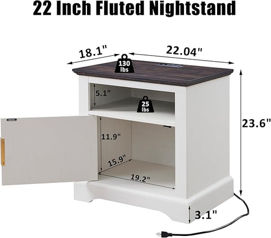 Fluted Nightstand with Charging Station, 22" Large Modern Side Table, Wood End Table w/Open Shelf & Spacious Tabletop, Bedside Table with Storage Space for Bedroom, Living Room (White)