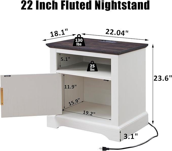 Fluted Nightstand Set of 2, 22" Large Modern Side Table with Charging Station, Wood End Table w/Open Shelf, Bedside Table with Storage Space for Bedroom, Living Room (White)