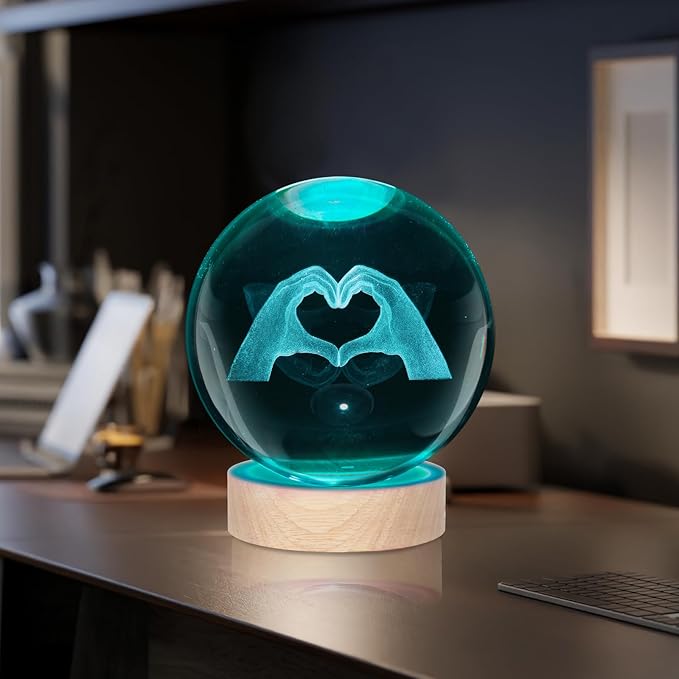Cute TS Girl 3D Crystal Ball Night Light 3.15-inch Heart-Shaped Gesture, 7 Colors to Choose from, Room Decoration, Birthday and Christmas Gifts for Girlfriends, Wives, Daughters, and Mothers