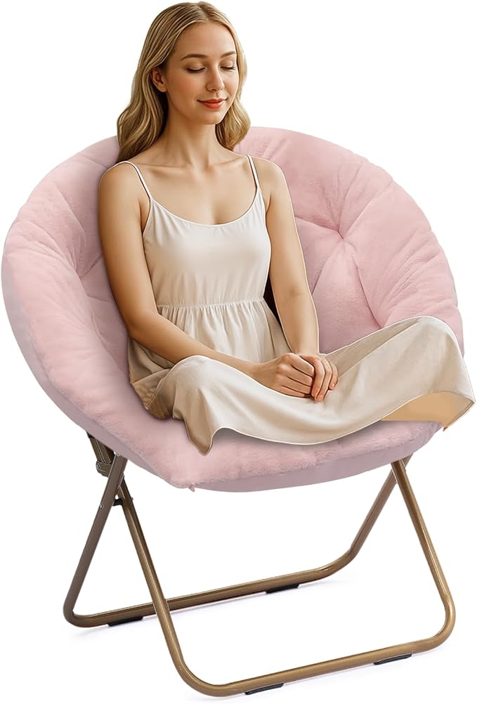 Athena Collection Comfy Saucer Chair Folding Cozy Chair for Bed Room Living Room Accent Chair Faux Fur Reading Chair Foldable Metal Frame Lazy Chair Moon Chair for Adult, Pink
