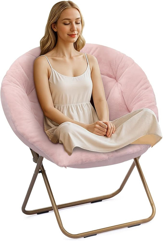 Athena Collection Comfy Saucer Chair Folding Cozy Chair for Bed Room Living Room Accent Chair Faux Fur Reading Chair Foldable Metal Frame Lazy Chair Moon Chair for Adult, Pink
