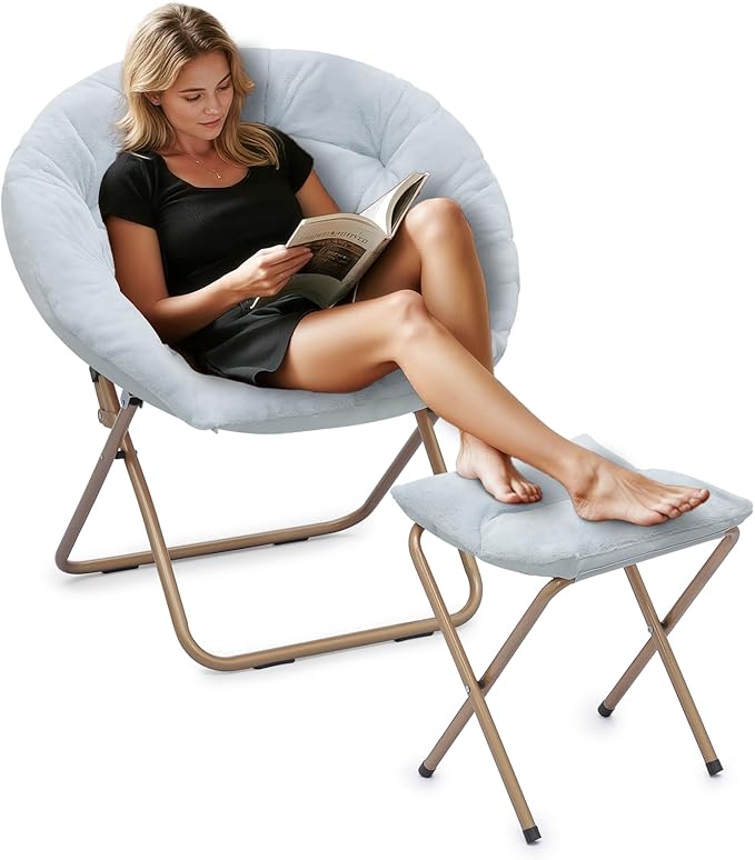 Athena Collection Saucer Chair with Ottoman Comfy Chair for Bed Room Living Room Folding Round Cozy Chair Faux Fur Metal Frame Foldable Lazy Chair Accent Chair Reading Chair, Blue