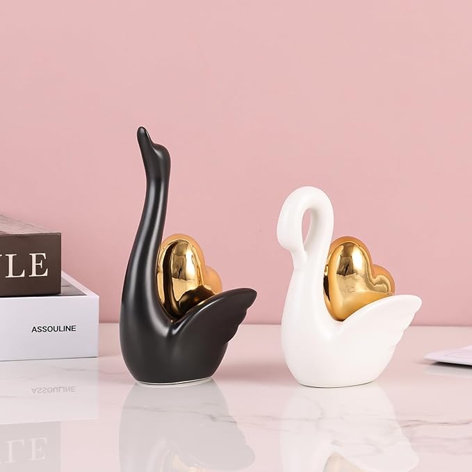 Loving Swan Figurine with Gold Heart Statue, Ceramic Animal Regalos Para Parejas, Cute Figurines Pottery Gifts for Anniversary, Couple Swan Sculpture for Women Dresser Knick Knacks Shelves Show Pieces