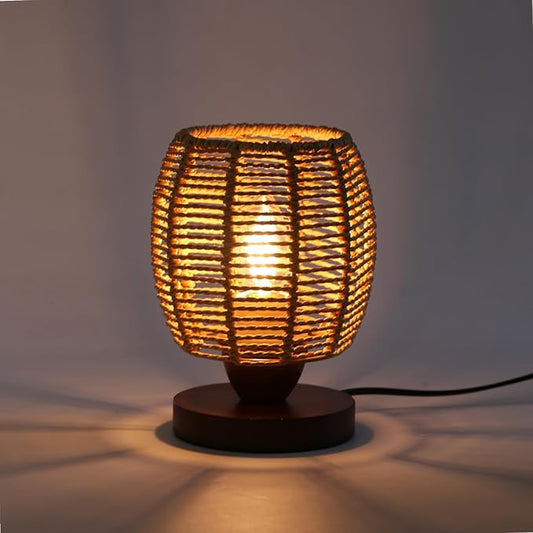 Rattan Table Lamp,Boho Small Beside Lamp,Farmhouse Table Lamp for Room Decor,Vintage Wicker Wooden Nightstand Bamboo Woven End Table Lamps for Bedroom Living Room Desk Kids Room,LED Bulb Included