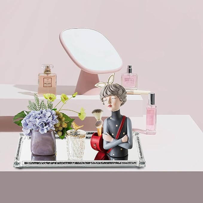 Glass Vanity Tray with Crushed Diamond,Perfume Tray,Mirror Vanity Trays for Bedroom Dresser,Crystal Cosmetic Makeup Tray,Decorative Tray for Home Decor Gift(Black Crushed Diamond)