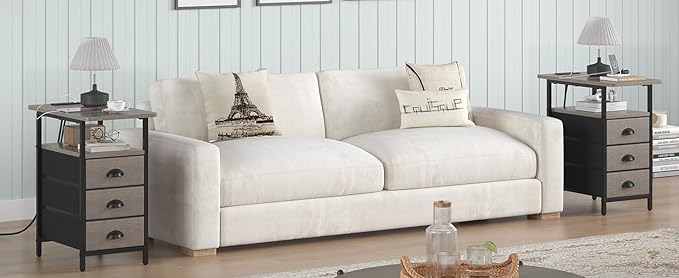 End Table with Charging Station, Side Tables Livingroom with USB Ports and Outlets,Narrow Nightstands Bedside Tables with 3 Drawers for Small Space,Slim Sofa Table Bedroom,Grey