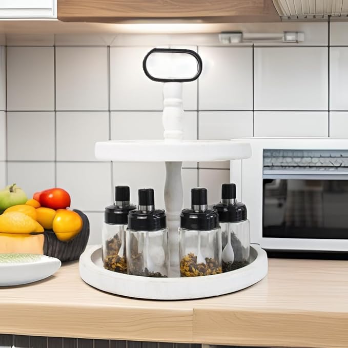 Rustic 2 Tiered Tray Decor, Coffee Color, Wooden Material, Round Shape