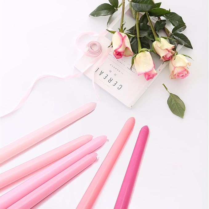 12-Inch Assorted Pink Taper Candles, 6-Pack Smokeless Dripless Long Candlesticks, Unscented Tapered Dinner Candles for Home, Wedding, Party, and Romantic Decor