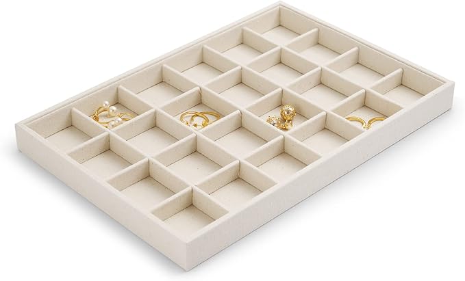 24 Girds Linen Jewelry Tray Earring Organizer Tray Ring Earrings Holder Jewelry Drawer Organizer Storage Display(Beige)