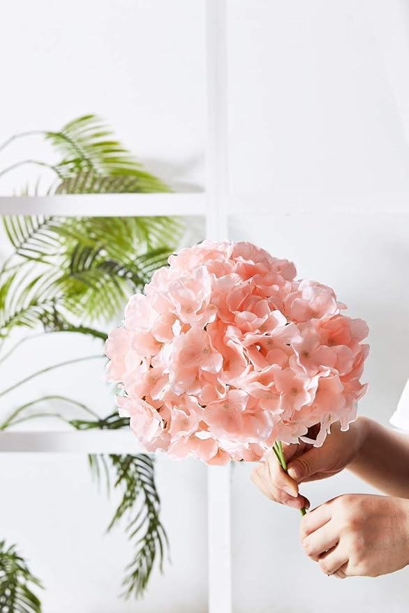 10Pcs Artificial Hydrangea Flowers Blush Heads Fake Hydrangea Silk Flowers for Wedding Centerpieces Bouquets DIY Floral Decor Home Decoration with Stems(VASE NOT Included)