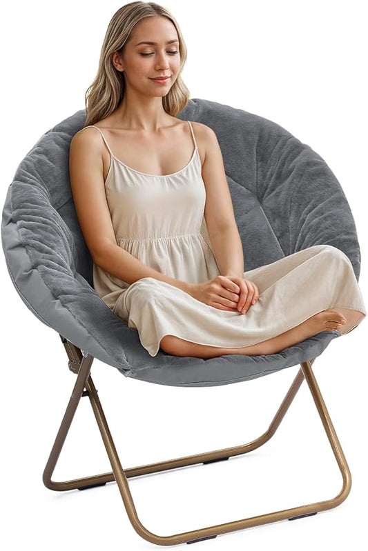 Athena Collection Comfy Saucer Chair Folding Cozy Chair for Bed Room Living Room Accent Chair Faux Fur Reading Chair Foldable Metal Frame Lazy Chair Moon Chair for Adult, Grey