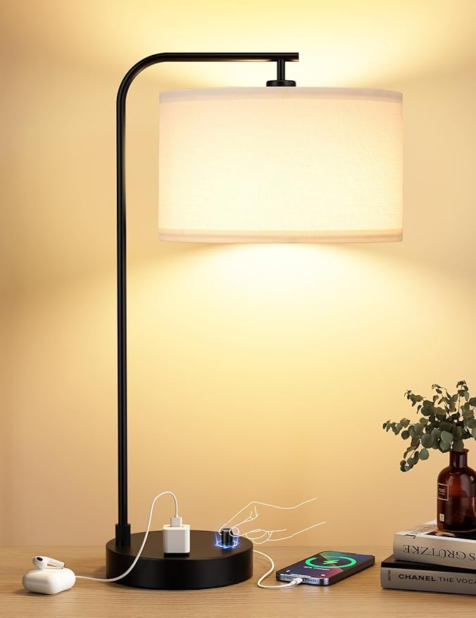White Side Table Lamp with USB Port and Outlet, Dimmable Nightstand Bedside Lamps with Linen Lampshade, Desk Lamp for Bedroom, Living Room, Guest Room, Home Office, LED Bulb Included