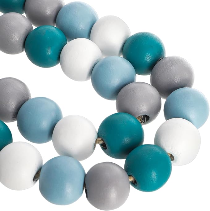 4 Pack Farmhouse Wood Bead Garland with Tassels, 39 in Rustic Boho Bead with Seashell Tag, Handmade Coastal Garland Beads for Tiered Tray, Wall Hanging, Wedding, Home Decor