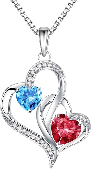 Iefil Christmas Gifts for Women - Double Heart Birthstone Necklace, 925 Sterling Silver Heart Pendant Necklace, Anniversary Birthday Gifts for Women | Personalized Jewelry Gift for Wife Mom Girlfriend