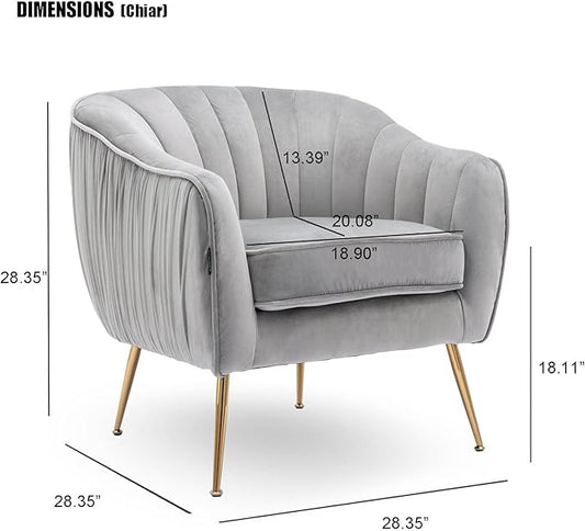 Velvet Accent Chair with Ottoman, Modern Arm Barrel Chair and Ottoman for Living Room Bedroom, Golden Finished, Grey