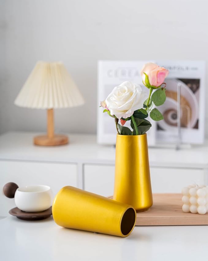 Gold Vase - 8" Gold Ceramic Flower vase for Home/Table/Accent Decor, Minimalist Modern Vases for Centerpieces, Room Decor, Living Room, Bedroom or Gift