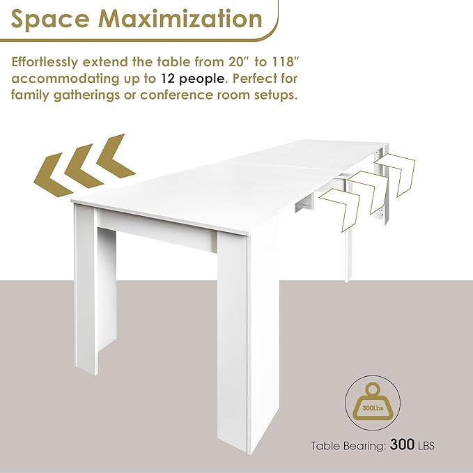 DMAITH 20"-118" White Extendable Dining Table for 2-12 People, Modern Modular Extension Table, Space-Saving Extra Long Folding Dining Table, Multifunctional Conference Meeting Table