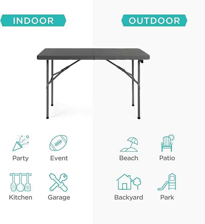 Best Choice Products 4ft Plastic Folding Table, Indoor Outdoor Heavy Duty Portable w/Handle, Lock for Picnic, Party, Camping - Dark Gray