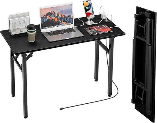TEMI Small Computer Desk Folding Table - No Assembly, Compact 44.3" Foldable Desk with Power Outlets & USB Charging Port, Portable Small Office Desk, Ideal Mini Study Table, Dark Oak
