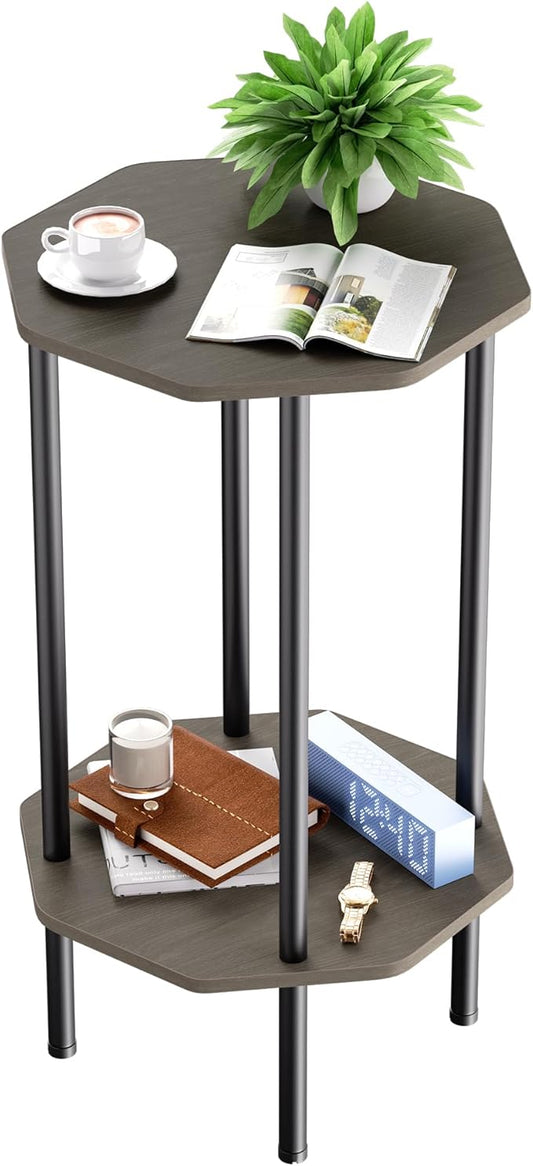 Side Table, Octagonal End Table for Small Spaces, Nightstand with 2 Storage Shelves, Small Table Stand for Bedroom, Living Room, Outdoor Balcony(Gray)