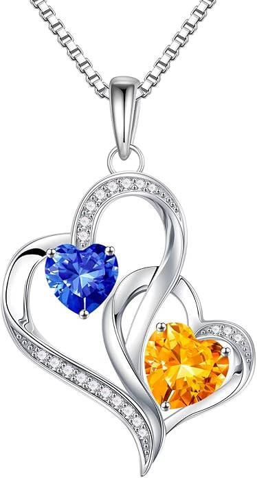 Iefil Christmas Gifts for Women - Double Heart Birthstone Necklace, 925 Sterling Silver Heart Pendant Necklace, Anniversary Birthday Gifts for Women | Personalized Jewelry Gift for Wife Mom Girlfriend