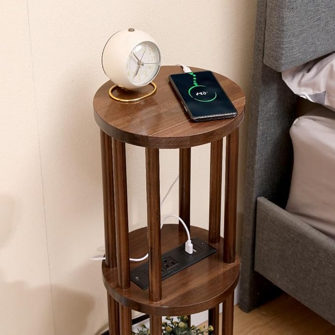 9 x25 Fully Assembled Walnut Wood Round Drink Table with Charging Station, Mid-Century Modern Circle Wood Accent Pedestal Table for Living Room or Small Bedroom Nightstand