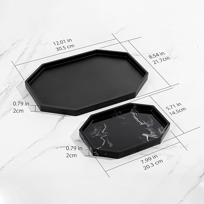 Shinowa Decorative Tray - Resin Bathroom Vanity Tray, Octagon Perfume & Jewelry Ring Dish for Countertop, Bedroom Dresser, Living Room Table, Kitchen Sink - Large, Matte Black
