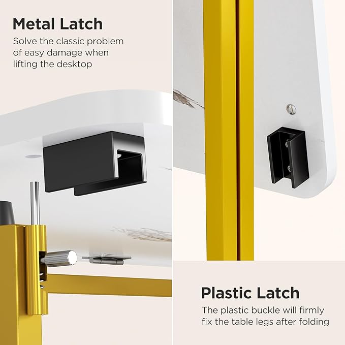 Folding Desk, 31.5" Small Desk for Bedroom with Power Outlet, Space Saving Foldable Computer Desk for Home Office, Easy Assembly, White and Gold