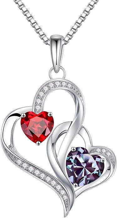 Iefil Christmas Gifts for Women - Double Heart Birthstone Necklace, 925 Sterling Silver Heart Pendant Necklace, Anniversary Birthday Gifts for Women | Personalized Jewelry Gift for Wife Mom Girlfriend