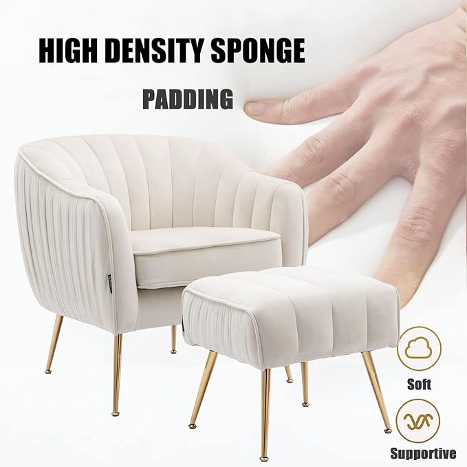 Velvet Accent Chair with Ottoman, Living Room Bedroom Chair Set, Modern Barrel Arm Chair and Ottoman Set, Golden Finished, Beige