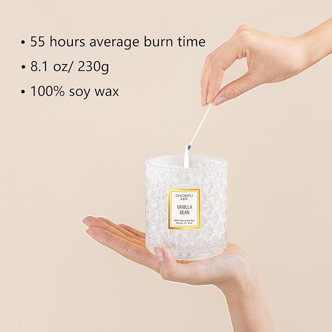 Chloefu LAN Vanilla Bean Highly Fragranced Candle Gifts for Women, Mothers Day Candle Gift, Natural Wax Candle for Home Scented, Up to 55 Hour Burn time - 8.1 Ounce Premium Soy Wax