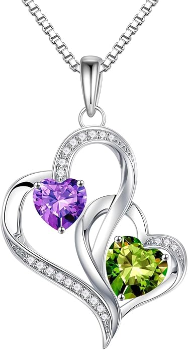 Iefil Christmas Gifts for Women - Double Heart Birthstone Necklace, 925 Sterling Silver Heart Pendant Necklace, Anniversary Birthday Gifts for Women | Personalized Jewelry Gift for Wife Mom Girlfriend