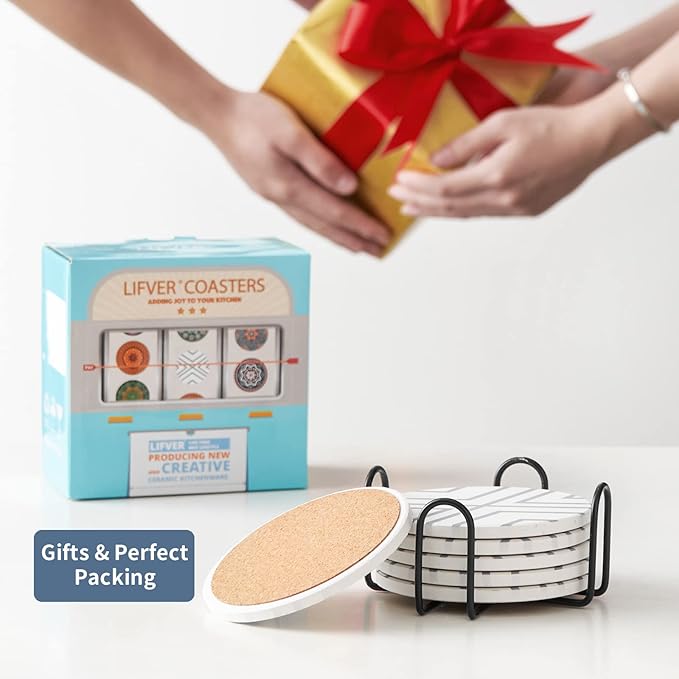 LIFVER 6 Piece Absorbent Stone Coaster Set with Holder, Ceramic Drink Coasters, 4 Inch Farmhouse Coasters with Cork Base, Ideal Gift for Housewarming