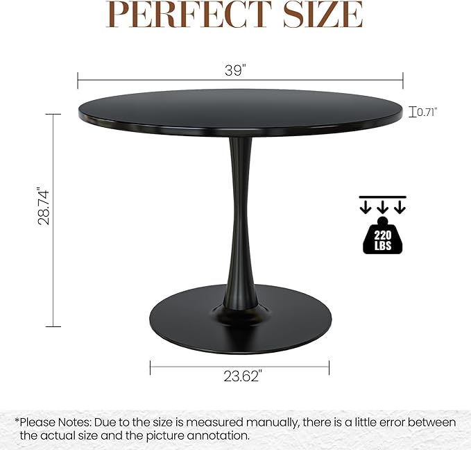 DKLGG Black Round Dining Table, 39.1" Tulip Kitchen Dining Table for 4-5 People with MDF Top & Pedestal Base, Mid-Century End Leisure Coffee Office Living Room Table