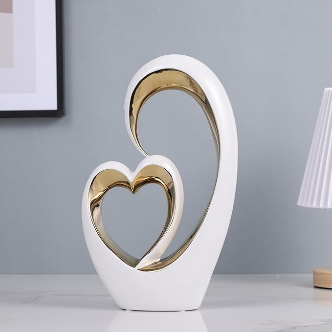 White Gold Ceramic Heart Statues - Abstract Home Sculptures for Bedroom, Wedding, Valentine Decor & Gifts for Women