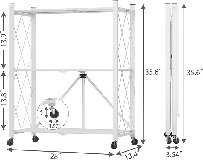 3 Tier Foldable Storage Shelf with Wheels, Heavy Duty Garage Shelving Unit Loads 550 LBS, Metal Steel Collapsible Shelves, Rolling Standing Utility Rack for Kitchen, Pantry, Office, White